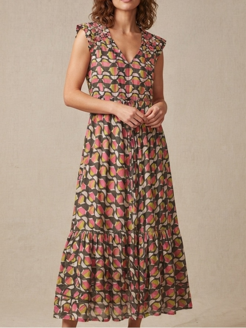 BANJANAN CRYSTAL FLORAL-PRINT COTTON MAXI MIDI DRESS Size M